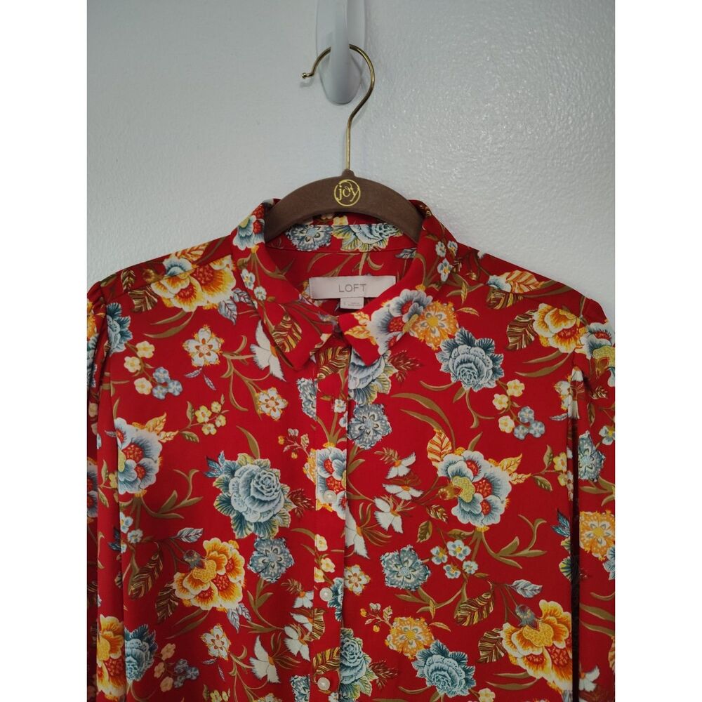 LOFT Red Floral Button Front Blouse Women's Small Cottagecore Boho Top - Picture 3 of 7